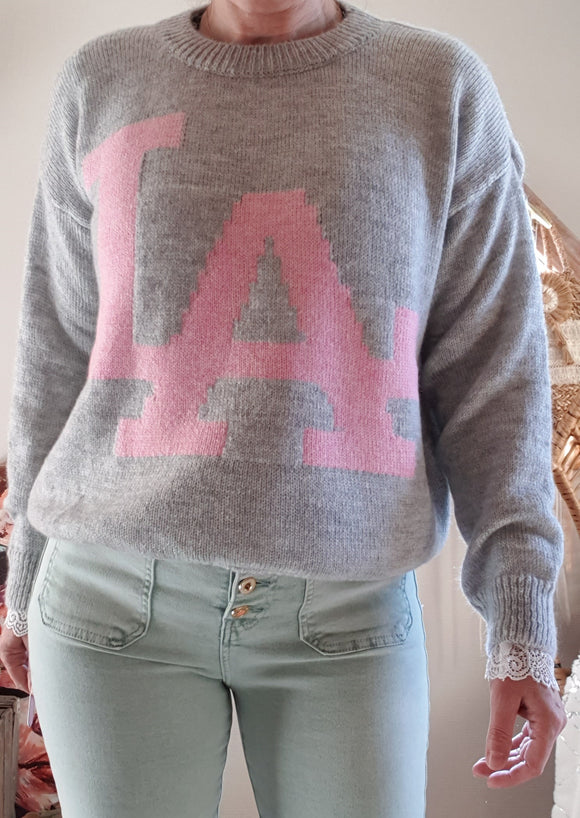 Pull L.A gris écriture rose