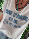 Tee-shirt Vivre D amour et de Champagne blanc écriture bleu