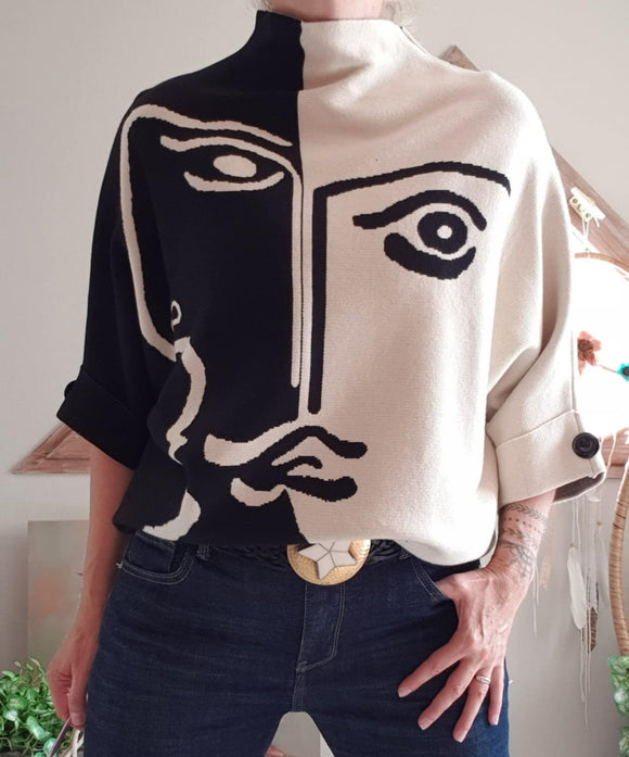Pull Rostro noir/blanc