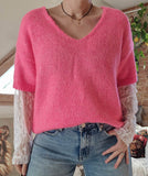 Pull Rose manches dentelle