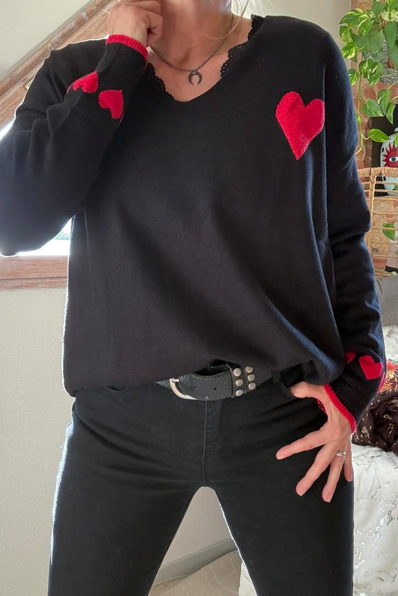 Pull noir Coeur rouge
