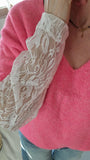 Pull Rose manches dentelle