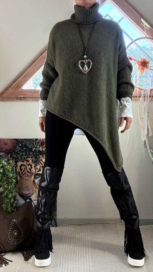 Pull Asymétrique Col roulé  kaki