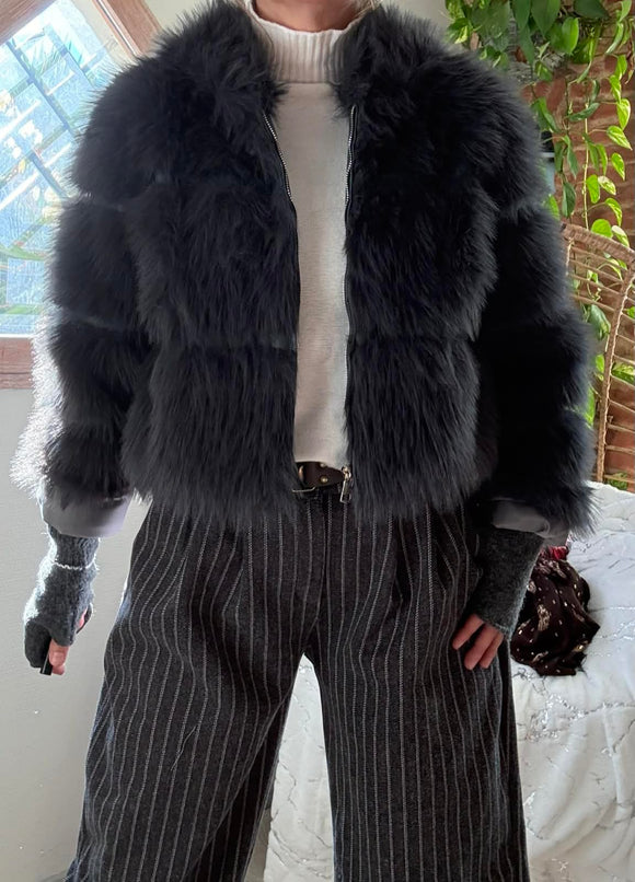 Manteau fausse fourrure gris foncé