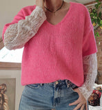 Pull Rose manches dentelle