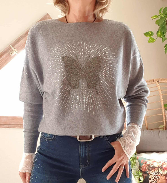Pull Papillon gris