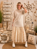 Robe Longue Marinière Dentelle Beige