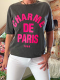 Tee-shirt Charme de Paris gris foncé écriture fushia