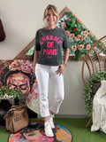 Tee-shirt Charme de Paris gris foncé écriture fushia
