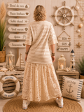Robe Longue Marinière Dentelle Beige