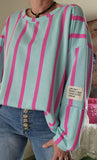 Sweat turquoise rayures fushia